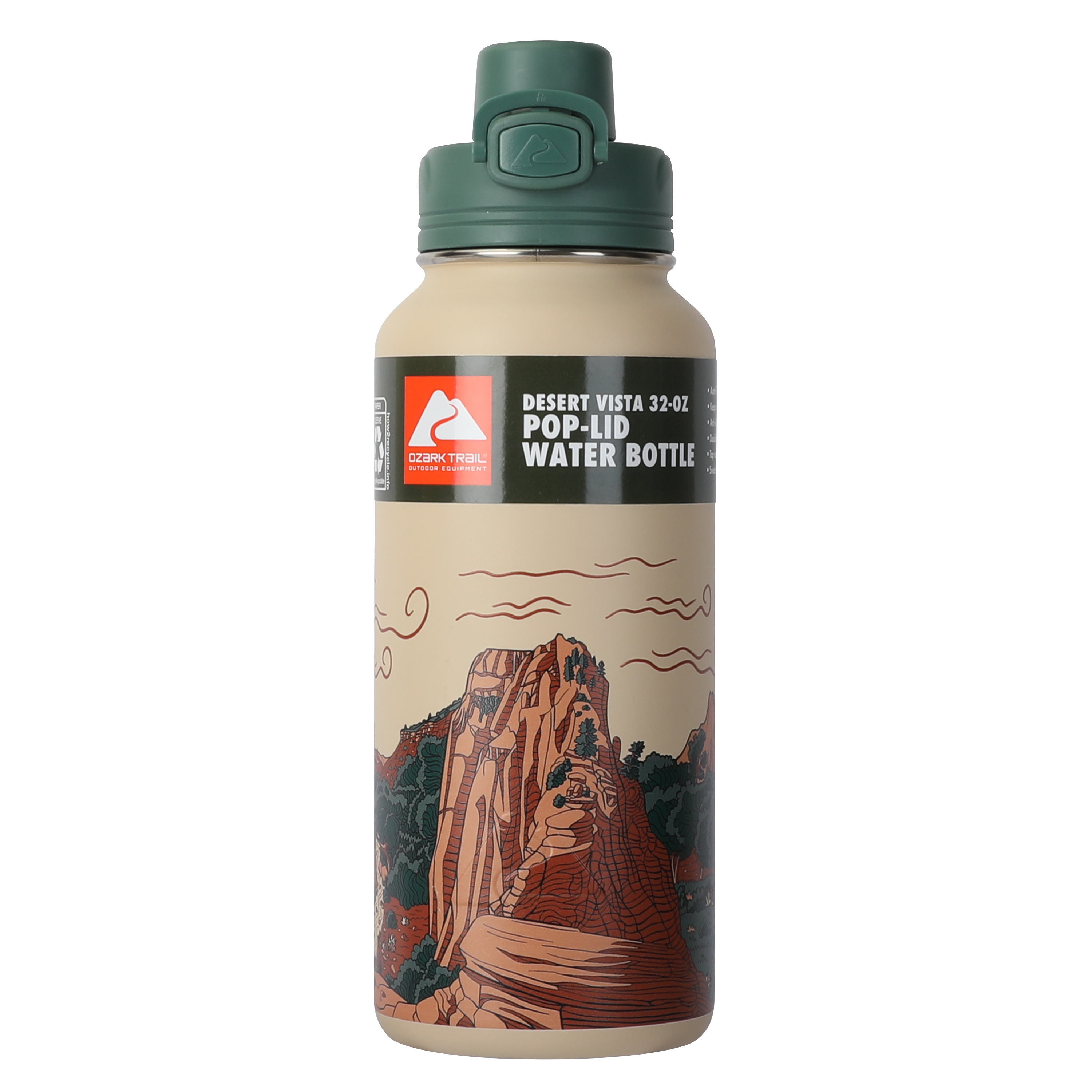 Ozark Trail 32 oz Stainless Steel Insulated Pop Lid Water Bottle, Desert Vista