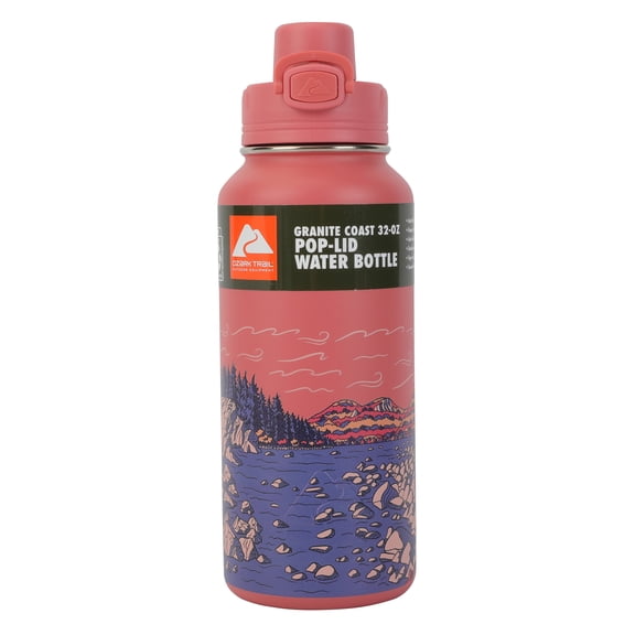 Ozark Trail 32 oz Stainless Steel Insulated Pop Lid Water Bottle, Granite Coast