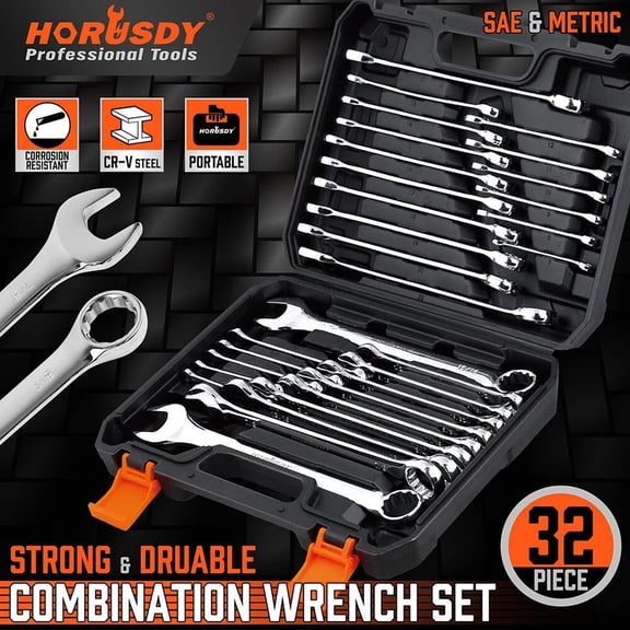 32PC Combination Wrench Spanner Set SAE Metric 1/4-1" &7-22mm 12 Point with Case