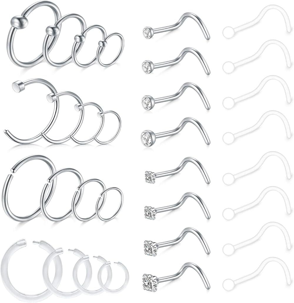 32 PCS CZ Nose Hoop Rings - L-Shaped 20G Surgical Steel Studs With Cubic Zirconia 9 thumbnail image