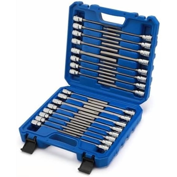 32PCS 3/8"Dr. Extra Long Hex and Torx Bit Socket Set, CR-V, S2 Steel, 5.9" Length Allen Hex and Star Bit Socket Set, 1/8 Inch - 7/16 Inch, 3mm - 12mm, T10-T60