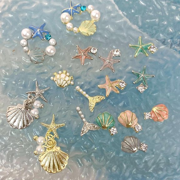 32PCS 3D Summer Beach Art Rhinestones Shell Starfish Fishtail Nail Studs Sea Series Ocean Theme Alloy Nail Charms Supplies for Nail Art Designs DIY Manicure Decoration