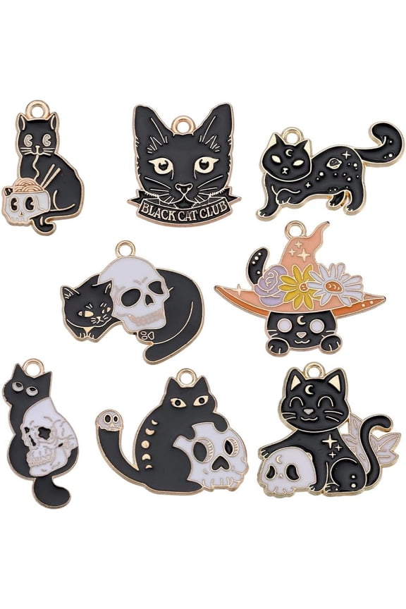 32PCS 8 STYLES Black Cat Charms Bulk Gothic Scary Goth Head Animal Metal Alloy Enamel Kitten Charm for Jewelry Making Charms Earrings Necklace Diy Crafts Supplies