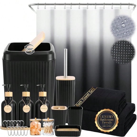 32PCS Bathroom Set Bathroom Accories with Shower Curtain and Bath TowelTrash Can Bathroom Decor Black Shower Curtain Set Toilet Brush Trash Can 3PCS Soap Dispenser