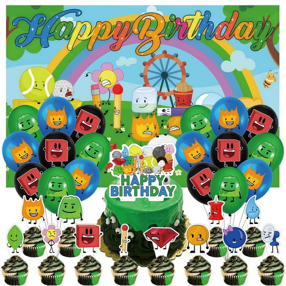32PCS For Battle for Dream Island Theme Birthday Party Decorations Set with 5*3ft Birthday Backdrop Decorations,18 Balloons,13 Cupcake Toppers,All in One Party Supply Set