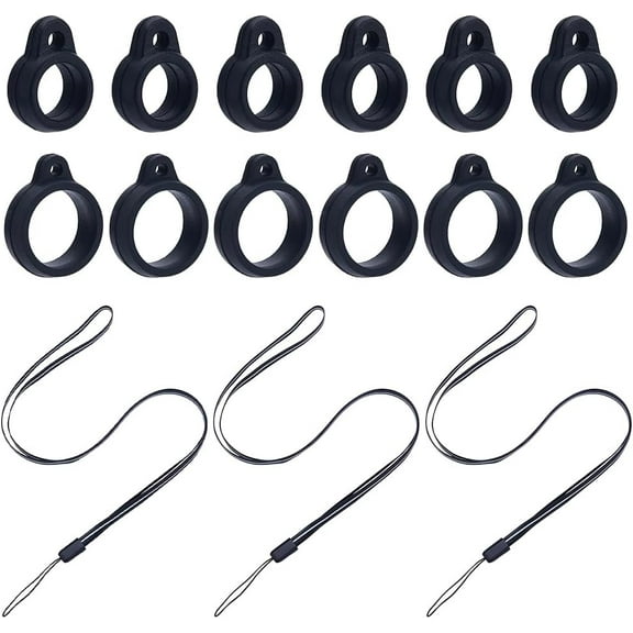 32PCS Black Necklace Lanyard Set Including 16PCS 8/13mm Inner Diameter Nonslip Rubber Rings Loop 16PCS Loss-proof Pendant Lanyard String Holder for Pens Protective Keychains