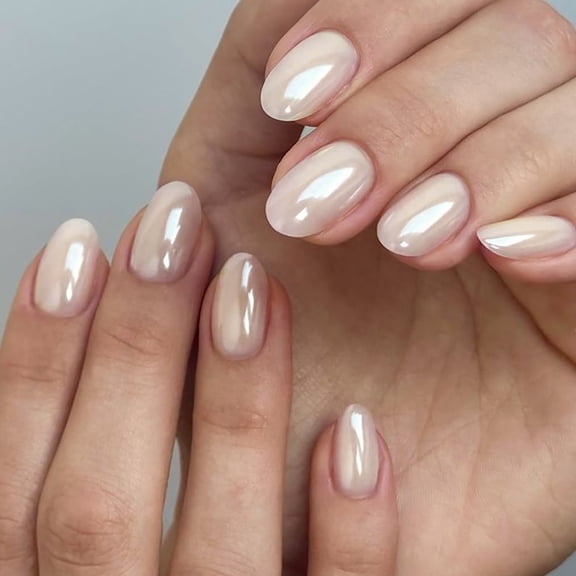 32PCS Color Press Nails Short Oval Design ABS Bare Cream Electroplated False Nails Easy To Apply