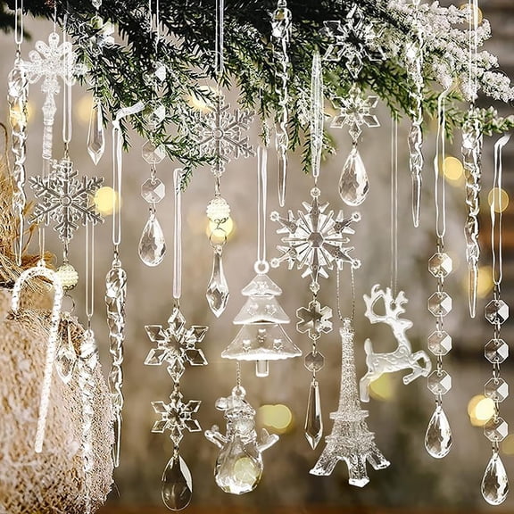32PCS Crystal Christmas Tree Hanging Ornament, Plastic Transparent Snowflake Icicle Pendants, Decorative Festival Accessories for Party Holiday Decors