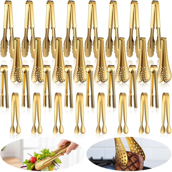 32PCS Gold Serving Tongs, 9 Inch Heavy Duty Cooking Grabbers Utensils, Stainless Steel Food Appetizers Tongs, Multi-Size Buffets Clip for Kitchen Bar Serving Coffee Tea Party Desserts(4Size)