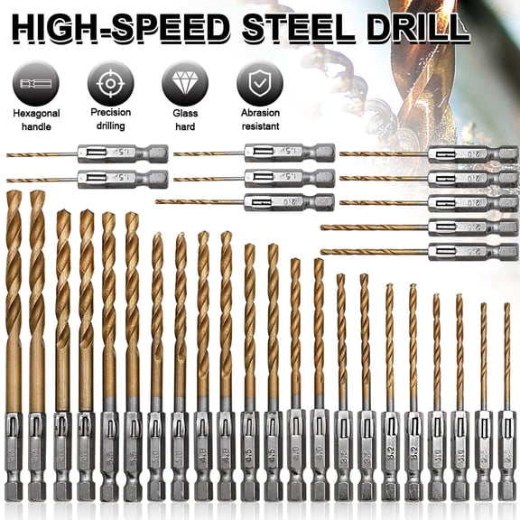32PCS High Speed Steel Drill Bit Set,1/4" Hexagon Shank,135 Degree Double Rear Edge Angle Suitable for Cordless Screwdrivers,Drill Bits&Chucks for Drilling in Wood,PVC,Metal&Aluminum