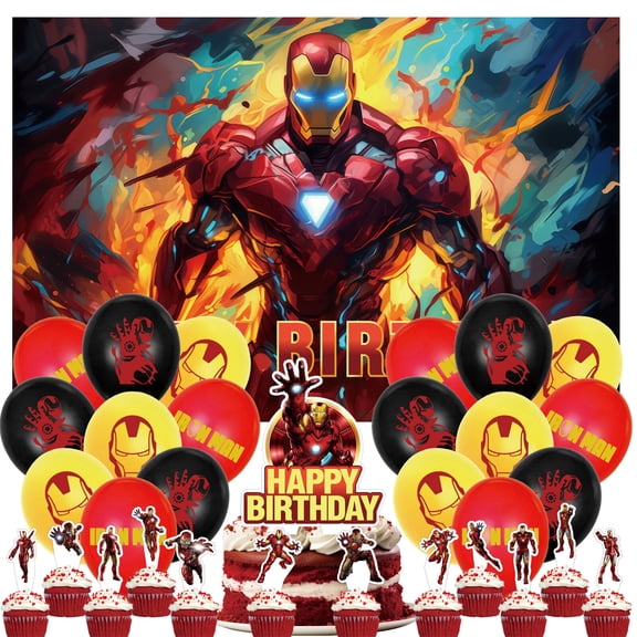 32PCS For Iron Theme For Man Birthday Party Supplies Party Favor Set,13 Cupcake Toppers,With 18 Balloons,5*3ft Birthday Backdrop Decorations,All in One Party Supply Set