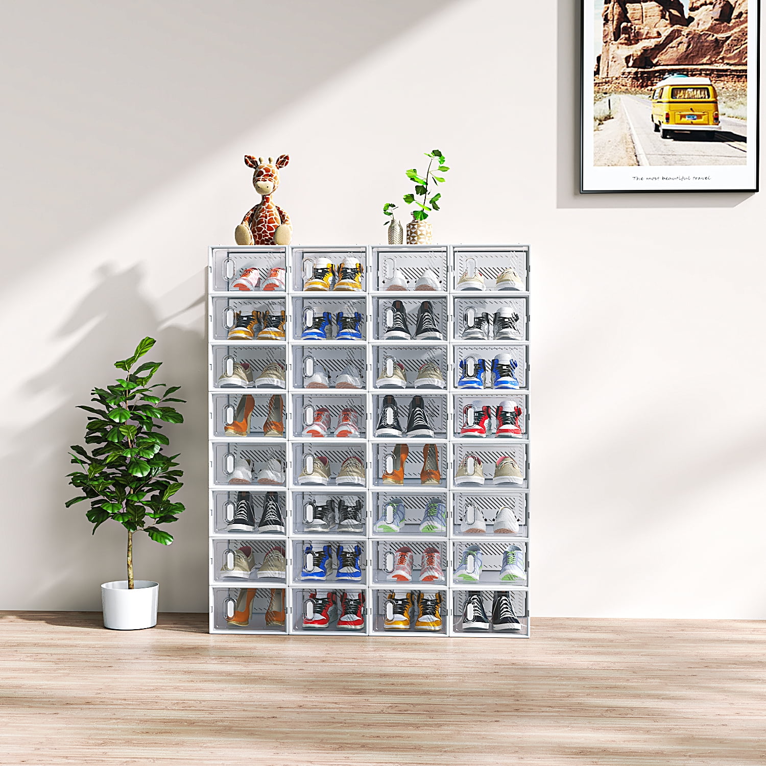 32PCS Plastic Shoe Box, White Freely Combinable Small Size, 33*23*14cm