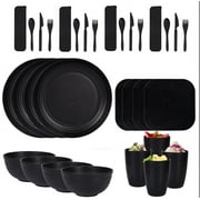 32PCS Plates and Bowls Set, Premium Plastic Dinner Sets, Unbreakable Wheat Straw Dinnerware Sets for 4 People Lightweight, Safe Plastic Dinnerware for Kitchen Outdoor Camping Part,Black