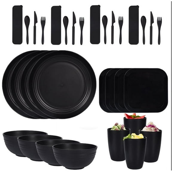 32PCS Plates and Bowls Set, Premium Plastic Dinner Sets, Unbreakable Wheat Straw Dinnerware Sets for 4 People Lightweight, Safe Plastic Dinnerware for Kitchen Outdoor Camping Part,Black