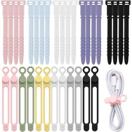 32PCS Silicone Cable Straps, 20Pcs 4.33in Reusable Silicone Cable Straps 12Pcs 4.2in Elastic Silicone Cord Organizer Silicone Cable Ties for Charging Cables USB Cables Earphones Line(8 Colours)