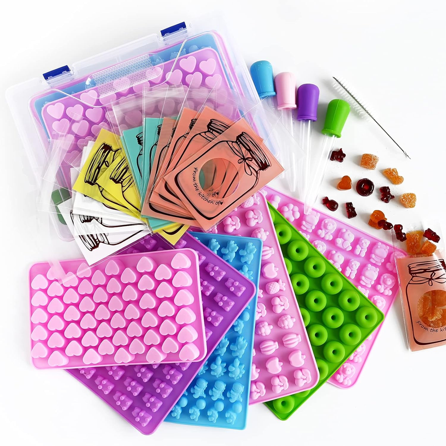 32PCS Silicone Gummy Molds Set, Gummy Bear Molds, Non-stick Chocolate Candy Mold With 4 Droppers, Clean Brush, Storage Box, 20 Wrappers for Candy Chocolate Gummies Baking