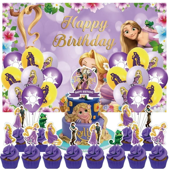 32PCS For Tangled Theme For Princess Cartoon Party Decorations,With 5*3ft Birthday Backdrop Decorations,13 Cupcake Toppers Balloons,18 Balloons for Birthday Party Decorations