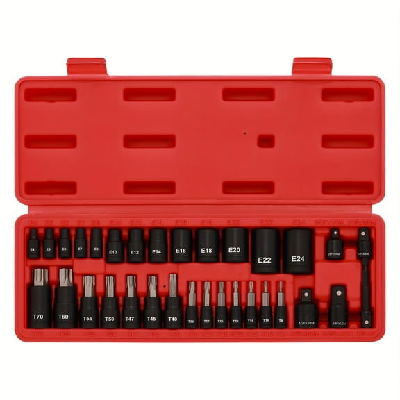 32PCS Torx Bit Socket Set And Female External Socket Set, 14 Star Bits (T8-T70)& 13 E-Torx Sockets (E4-E24), CR-V & S2 Alloy Steel, Includes Socket Adapter, Drill Adapter