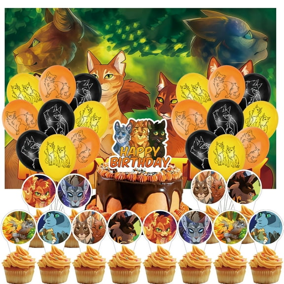 32PCS For Warrior Cats Theme Party Decorations,With 5*3ft Birthday Backdrop Decorations,13 Cupcake Toppers Balloons,18 Balloons for Birthday Party Decorations