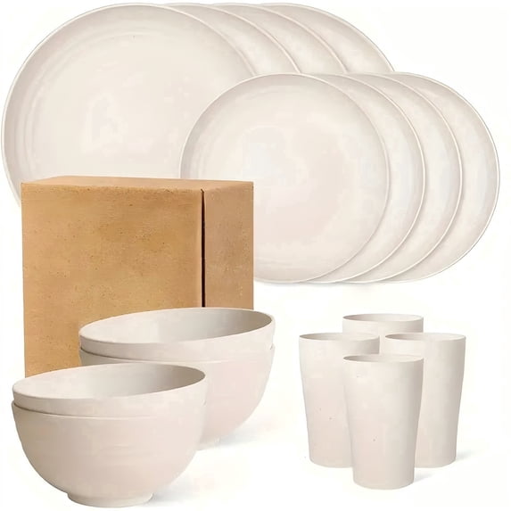 32PCS Wheat Straw Dinnerware Sets,,Kitchen Plates and Bowls Set Unbreakable Modern Plate/Dessert Plate/Cereal Bowl/Cup,Service for 8,Beige