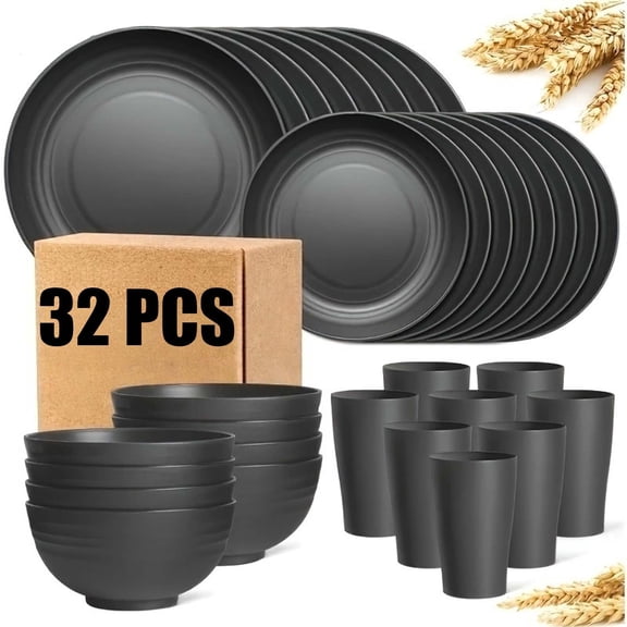 Michnild Dinnerware Sets Minimalist Wheat Straw Unbreakable Dishwasher Safe 32PCS Service for 8,Black