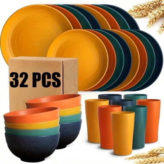 Michnild 32PCS Wheat Straw Dinnerware Sets,Kitchen Unbreakable Modern Plate/Dessert Plate/Cereal Bowl/Cup,Service for 8,Multicolor