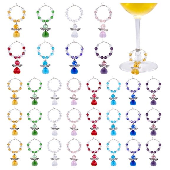 32Pcs 16 Colors Angel Wine Glass Charms Wine Glass Markers Tags Angel Charms Identifier Rings Tags Drink Markers for Tasting Party
