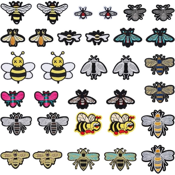 32Pcs 16 Style Cute Insect Patche Bees Appliques Patches Vintage Bees Cloth Patches Sew on Iron on Clothing Appliques Sewing DIY Badge Patches for Bag Dress Jacket Repairing