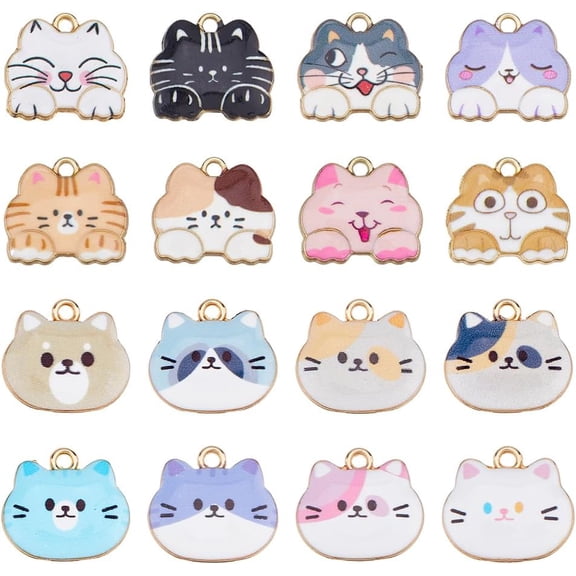 32Pcs 16 Styles Cat Printed Charms Assorted Alloy Cat Charm Light Gold Cats Bracelet Charms Small Cute Cats Head Charm for Earring Necklace Bracelet Jewelry Making colorful