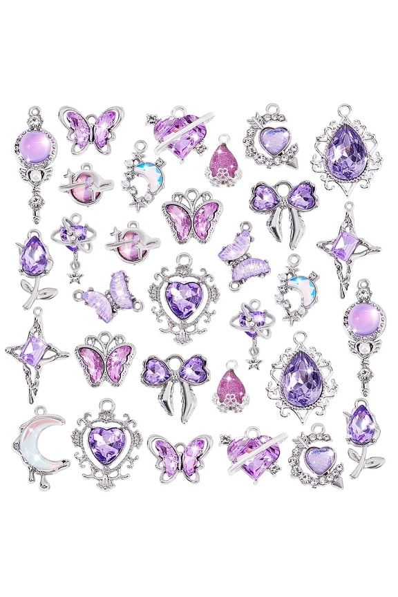 32Pcs 16 Styles Gothic Charms Pendants Glass Heart Pendant Goth Charms Earrings Heart Alloy Glass Rhinestone Charms