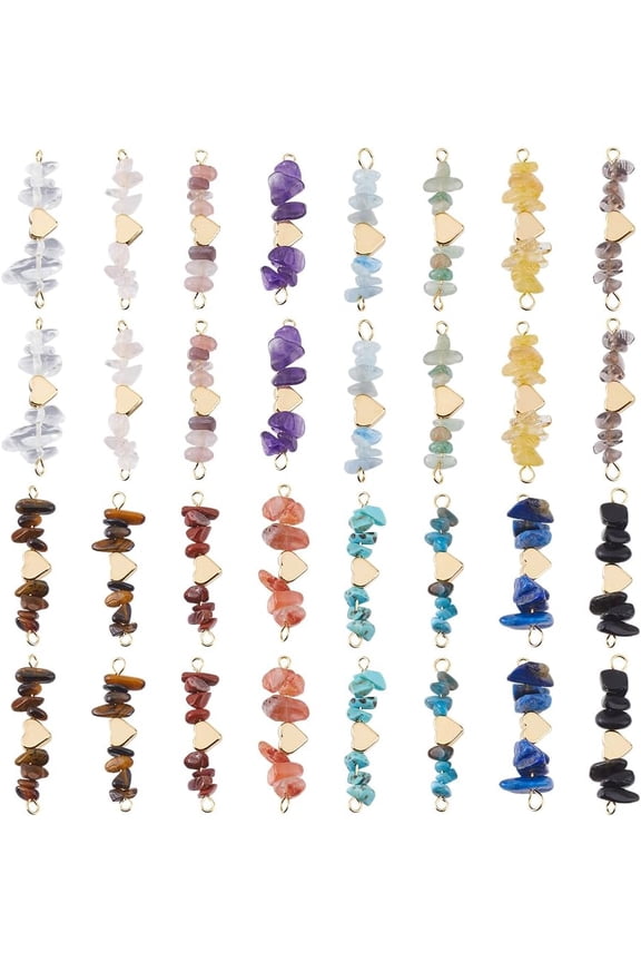 32Pcs 16 Styles Natural Mixed Gemstone Chip Connector Charms with Heart Beads Golden 34~35x9~10x3mm Hole: 1.4~1.8mm 2pcs/style