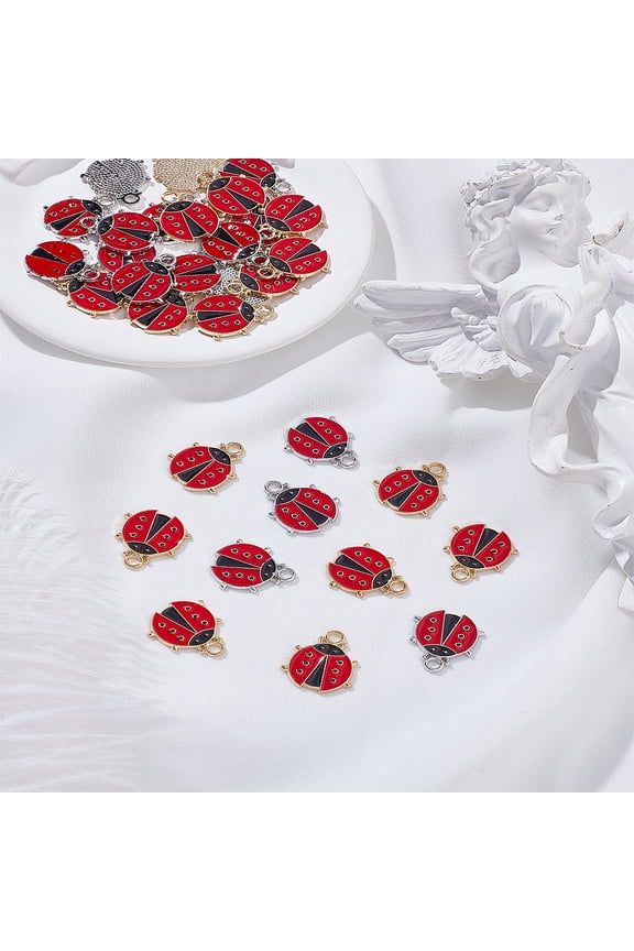 32Pcs 2 Colors Alloy Enamel Pendants Ladybug Charms Platinum Golden 19x16x1.5mm Hole: 2.5mm 16pcs/color for DIY