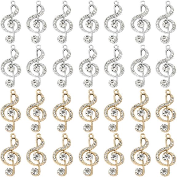 32Pcs 2 Colors Alloy Rhinestone Pendants Musical Note Charms Platinum Light Gold 28x13x4mm Hole: 1.7mm 16pcs/color