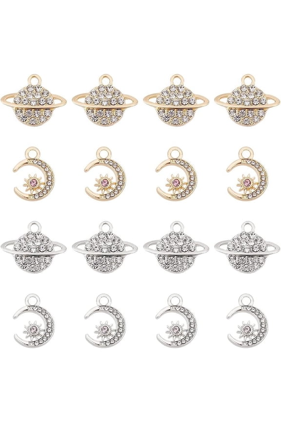 32Pcs 2 Styles 2 Colors Planet Pendants Crescent Moon Charms Alloy Pendants with Rhinestone 15~15.5mm Rhinestone Planet Charms Crescent Moon Necklace Pendants for Jewelry Making diy