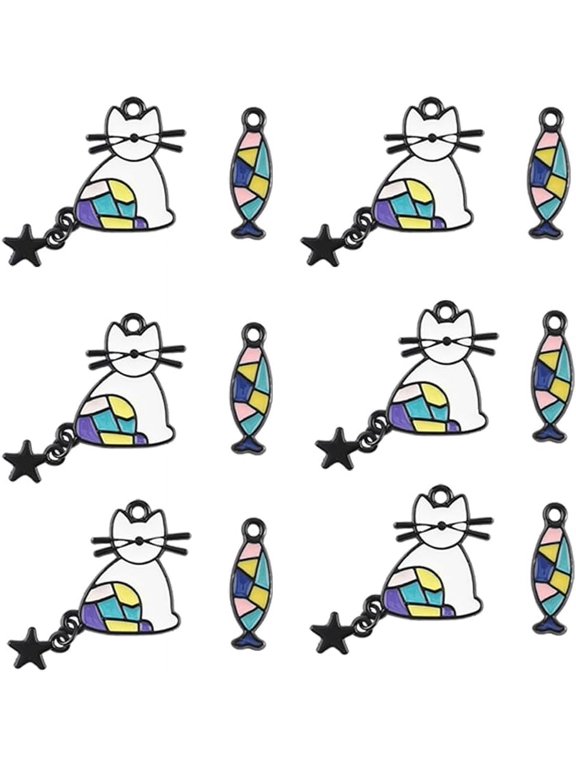 32Pcs 2 Styles Fish Charms Bulk Cat Charm Black Cats Fishes Assorted Animal Alloy Enamel Geometry Cute Kitty Ocean Charms for Jewelry Making Charms DIY Necklace Earrings Decoration Crafts Colorful