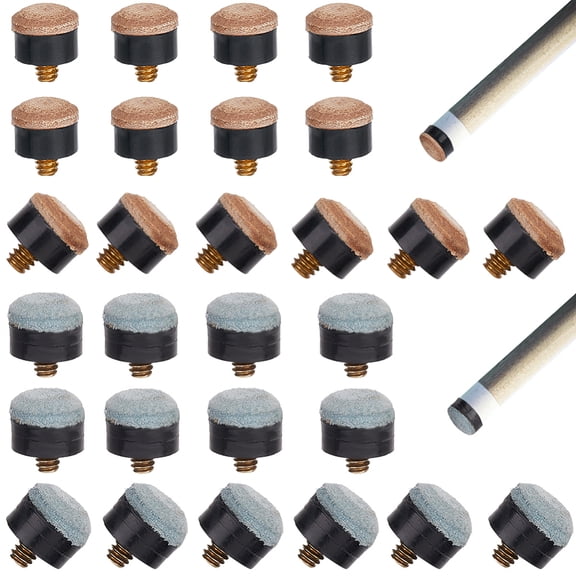 32Pcs 2Style Plastic Billiard Pool Tips Billiards Brass Screw-on Tips Replacement Cue Head Screw Grey Brown Cowhide Cue Tips Pool