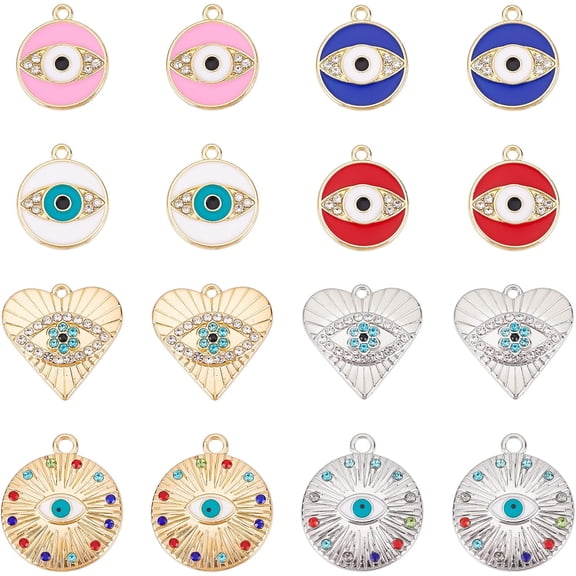 32Pcs 3 Styles Evil Eye Charms Alloy Enamel Pendants Heart and Flat Round with Rhinestone Pendant Mixed Color Charms for Jewelry Necklace Bracelet DIY Making Crafts Hole: 1.2~2mm DIY