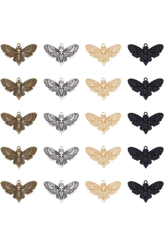 32Pcs 4 Colors Moth Skull Charms Moth Gothic Pendants Skeleton Head Moth Insect Charm Tibetan Style Alloy Pendants Butterfly Charms for Jewelry Making DIY Crafts