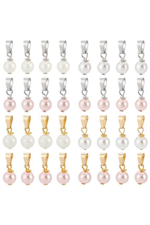 32Pcs 4 Colors Natural Shell Pearl Pendant Charms 2 Styles Freshwater Pearl Bead Pendant Pearls Connector Charms