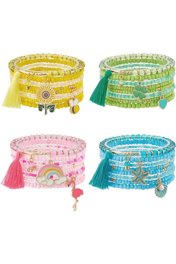 32Pcs 4 Sets Stackable Bracelets Multilayered Stretched Beaded Bracelets Tassel Charm Stackable Bracelets for Summer Beach Jewelry Gift Colorful