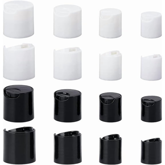 32Pcs 4 Sizes Replacement Press Plastic Caps Disc Top Cap Replacement 20/410 Press Caps Shampoo Bottle Lids Black Dispensing