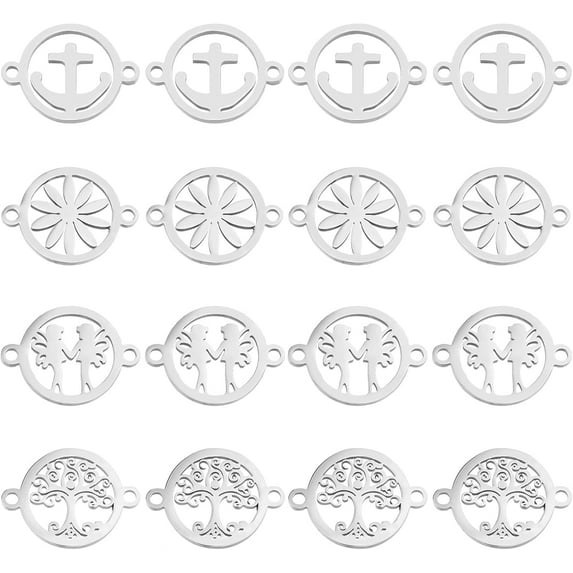 32Pcs 4 Styles 304 Stainless Steel Connector Charms Flat Round Tree of Life Flower Link Charms Knot Pendant Charms for Jewelry Making