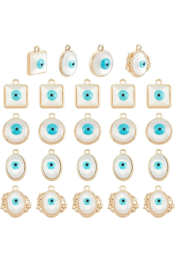32Pcs 4 Styles Evil Eye Alloy Pendants Oval Evil Eye Resin Charms Light Gold Alloy Pendants with Resin Imitation Cat Eye Hole: 1.4~1.8mm