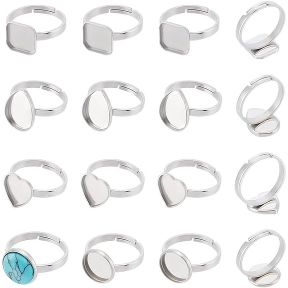 32Pcs 4 Styles Finger Ring Blank 17mm Inner Stainless Steel Adjustable Ring Components Metal Square and Round Base Ring Components Heart and Teardrop Tray Ring