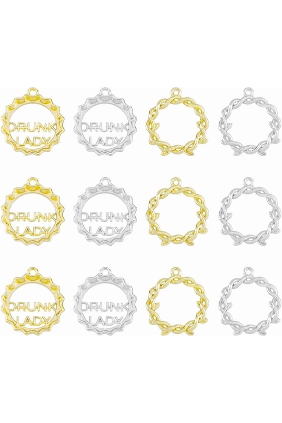 32Pcs 4 Styles Rack Plating Alloy Pendants Twist Ring Platinum Golden Dangle Charms Bottle Capss with Word Pendants Charms for Necklaces Bracelets Jewelry Making Hole 1.6mm Colorful