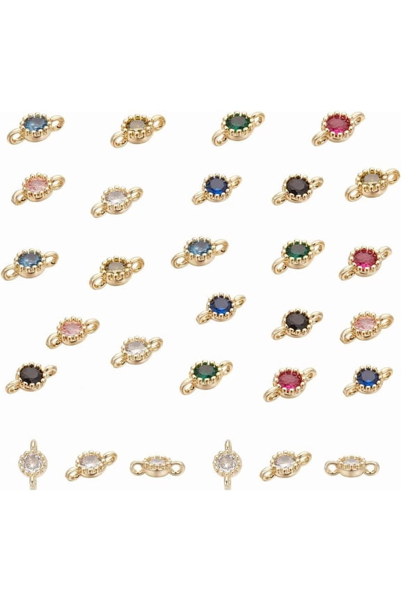 32Pcs 8 Colors 14K Gold Plated Birthstone Charm Rhinestone Charms Earring Charms Bracelet Charm Flat Round Connector Charms