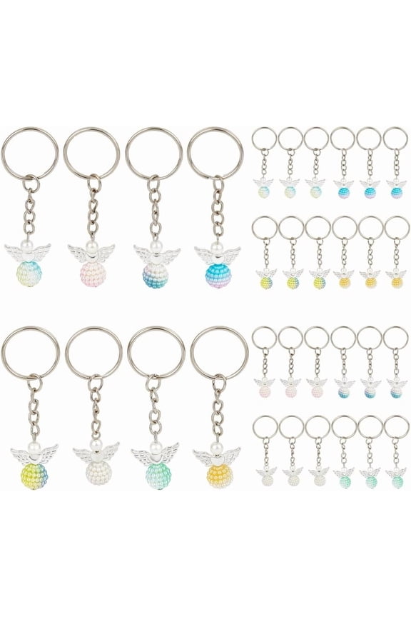32Pcs 8 Colors Angel Keychain Colorful Acrylic Angel Pearl Beads Pendant Keychain Guardian Fairy Silver Wing Charms Key Rings with Iron Ring Hoop
