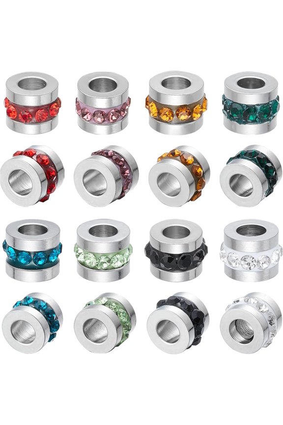 32Pcs 8 Colors Rhinestone European Beads: Stainless Steel Round Loose Beads for DIY Crafts Bracelet Necklace Jewelry Hole: 3mm Colorful DIY
