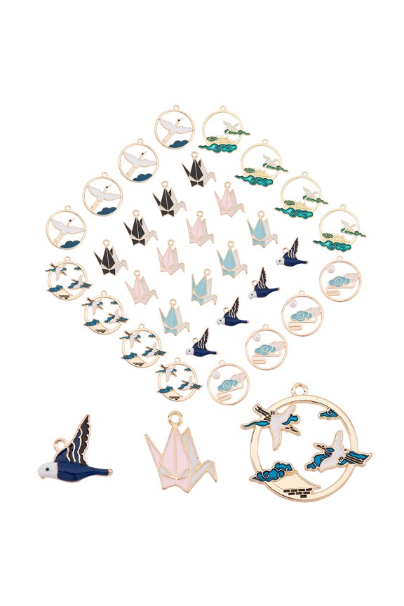 32Pcs 8 Style Alloy Enamel Pendants Bird & Paper Crane & Flat Round & Ring Mixed Color 17~32x15~34x1.5~3mm Hole: 1.5~1.8mm 4pcs/style