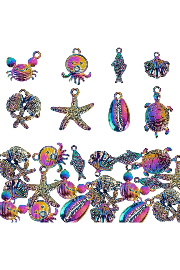 32Pcs 8 Style Alloy Pendants Cadmium Free & Nickel Free & Lead Free Mixed Shapes Rainbow Color 4pcs/style
